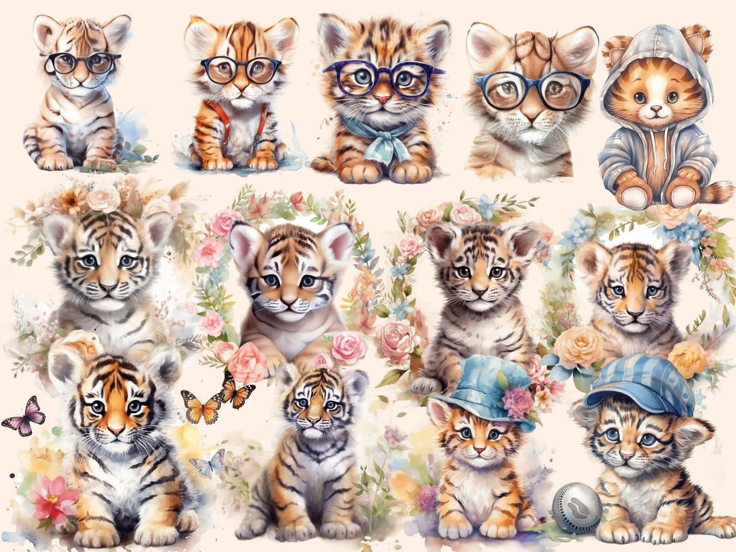 Baby Tigers Watercolor Clipart - High - Quality Instant Digital Download for Creative Projects