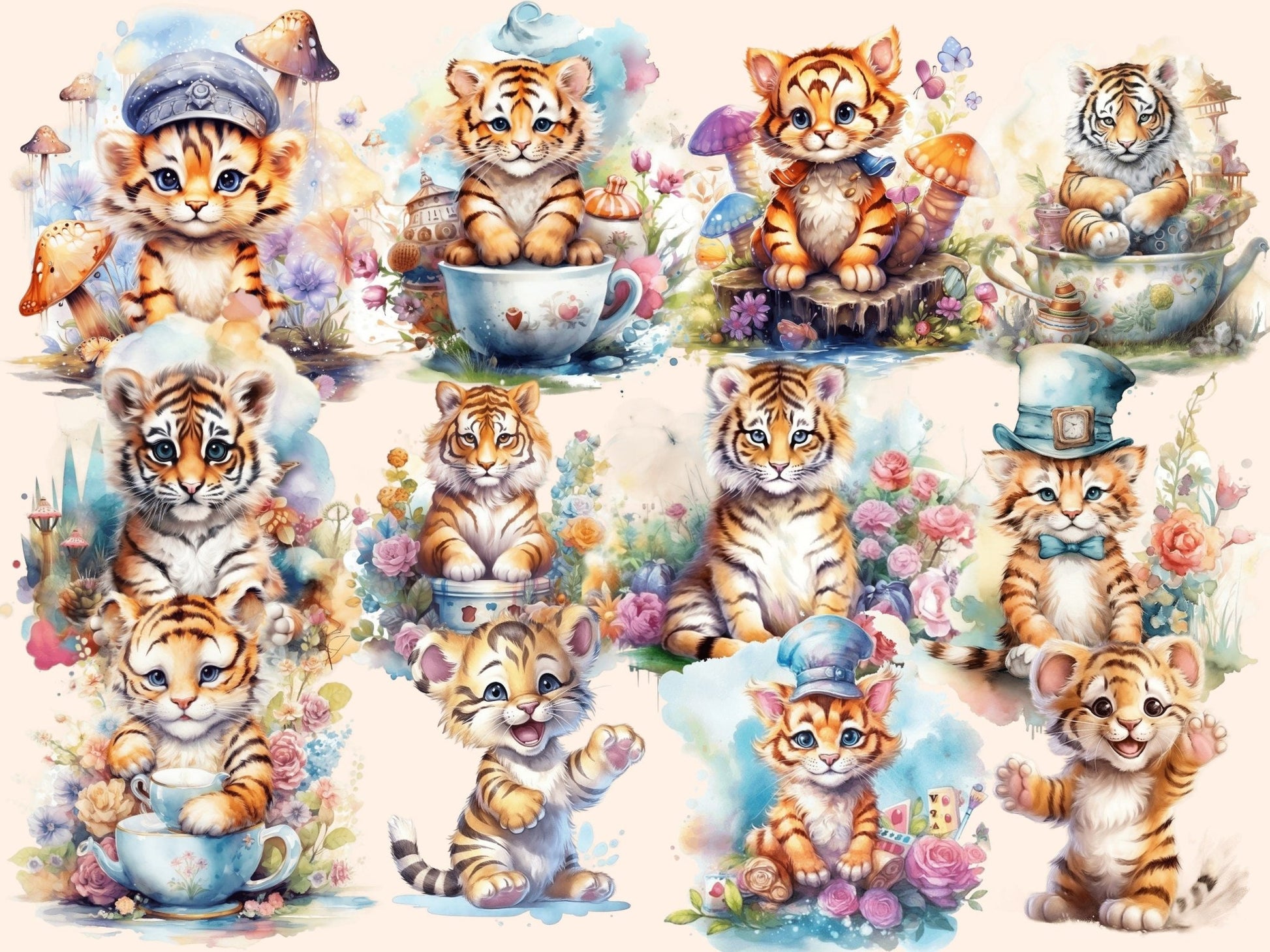 Baby Tigers Watercolor Clipart - High - Quality Instant Digital Download for Creative Projects