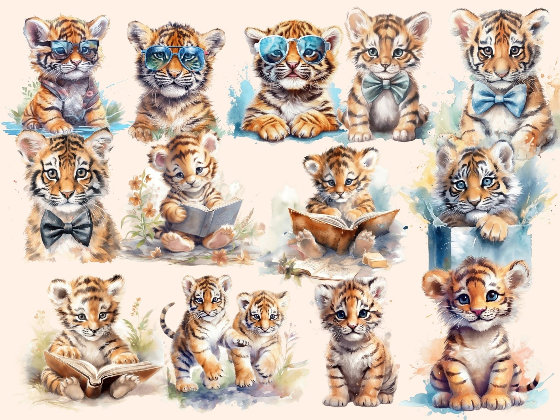 Baby Tigers Watercolor Clipart - High - Quality Instant Digital Download for Creative Projects