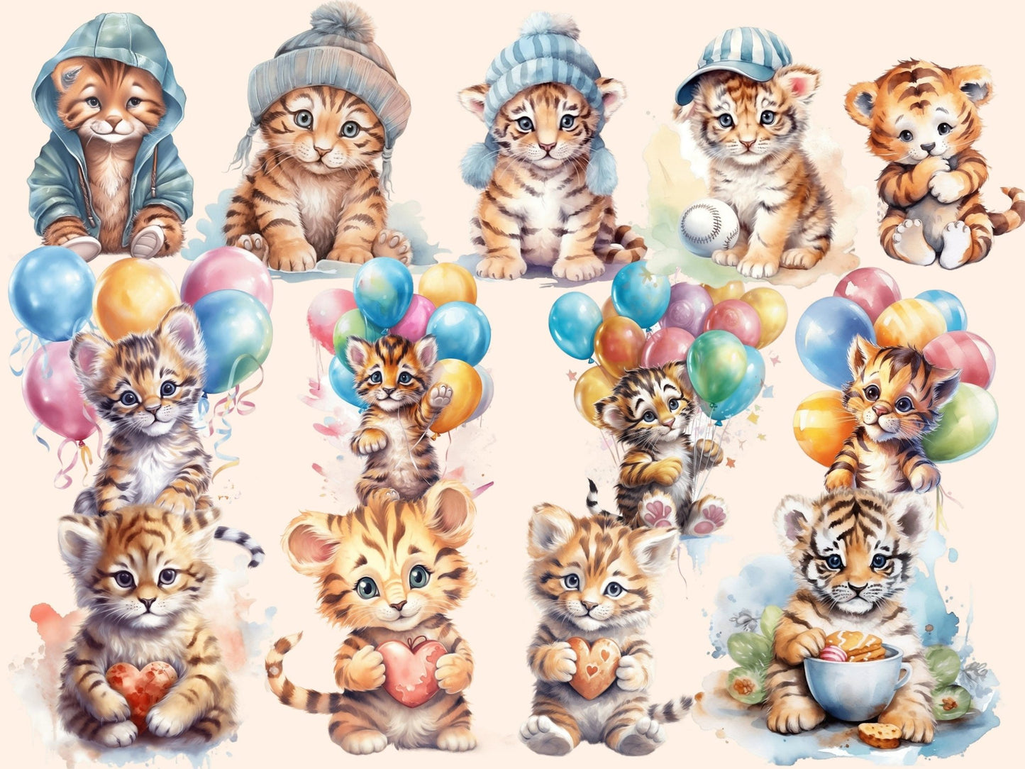 Baby Tigers Watercolor Clipart - High - Quality Instant Digital Download for Creative Projects