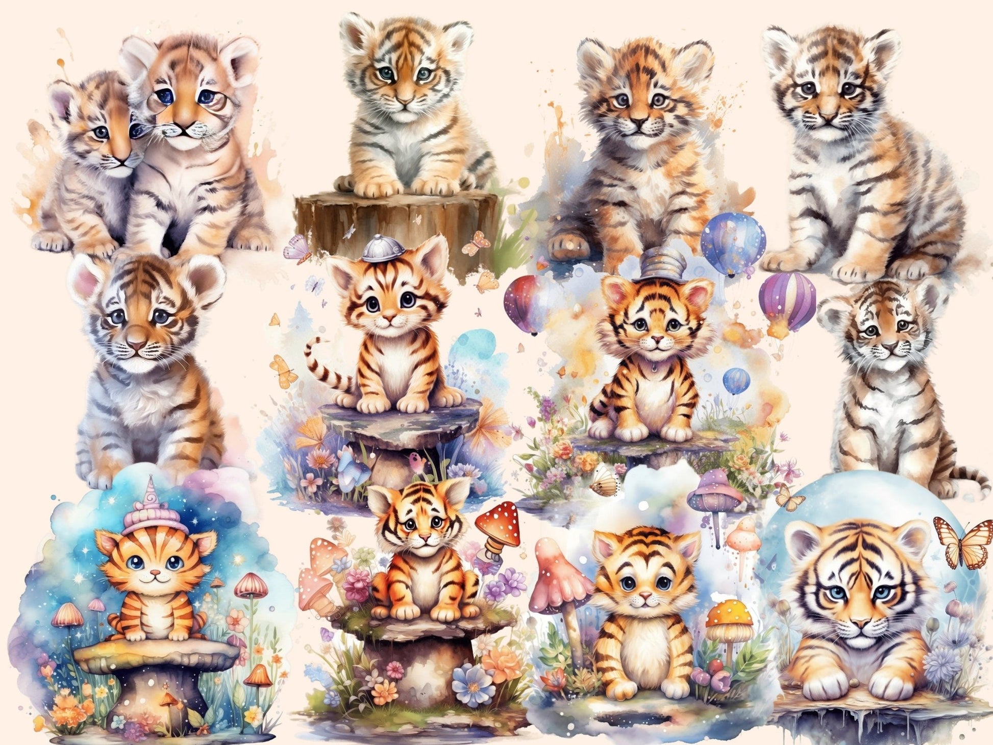 Baby Tigers Watercolor Clipart - High - Quality Instant Digital Download for Creative Projects