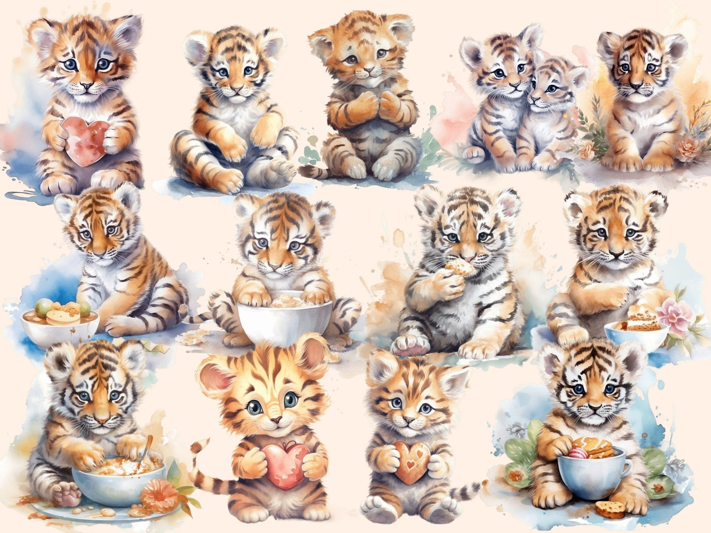 Baby Tigers Watercolor Clipart - High - Quality Instant Digital Download for Creative Projects