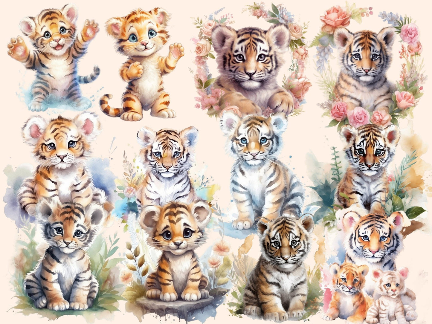 Baby Tigers Watercolor Clipart - High - Quality Instant Digital Download for Creative Projects