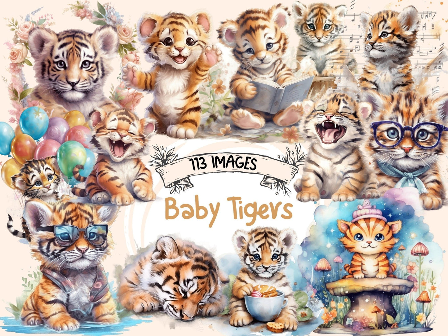 Baby Tigers Watercolor Clipart - High - Quality Instant Digital Download for Creative Projects