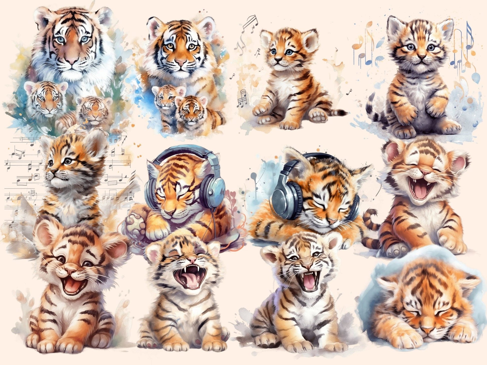 Baby Tigers Watercolor Clipart - High - Quality Instant Digital Download for Creative Projects