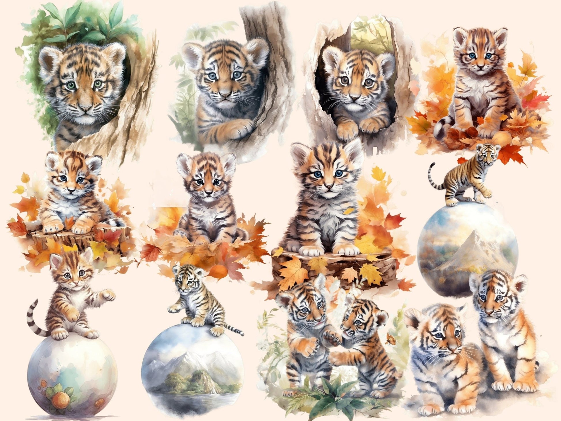 Baby Tigers Watercolor Clipart - High - Quality Instant Digital Download for Creative Projects