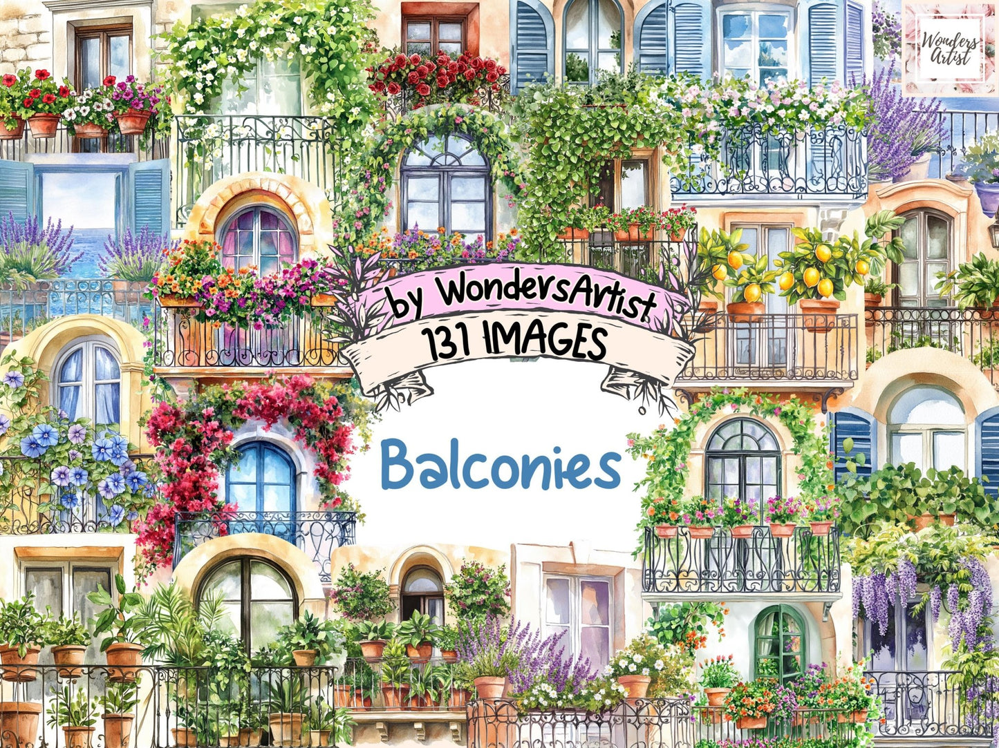 Balconies Watercolor Clipart - High - Quality Instant Digital Download for Creative Projects