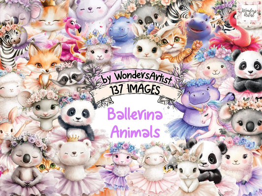 Ballerina Animals Watercolor Clipart Bundle - High - Quality Instant Digital Download for Creative Projects