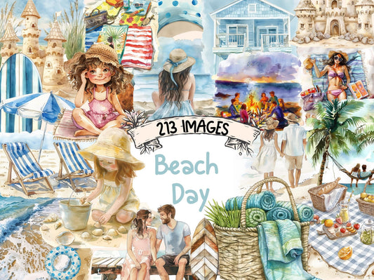 Beach Day Watercolor Clipart - High - Quality Instant Digital Download for Creative Projects