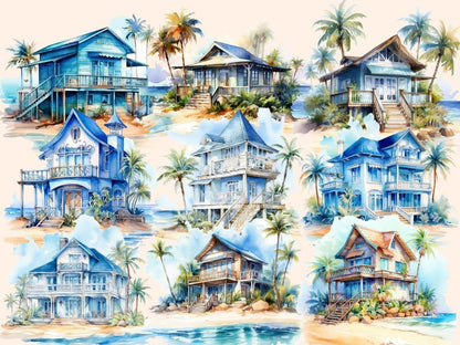 Beach Houses Watercolor Clipart beach clipart - Wonders Artist