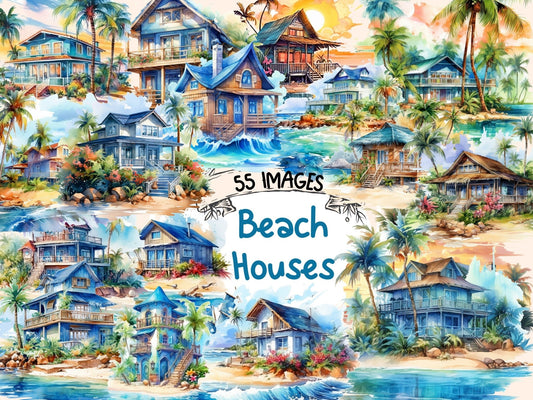 Beach Houses Watercolor Clipart - High - Quality Instant Digital Download for Creative Projects