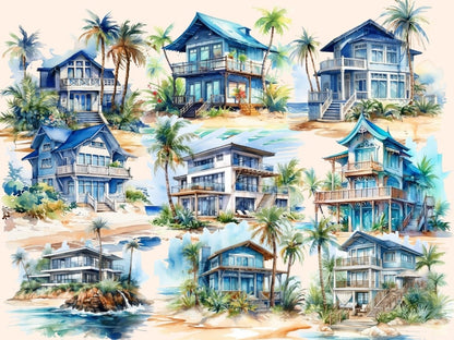 Beach Houses Watercolor Clipart beach clipart - Wonders Artist
