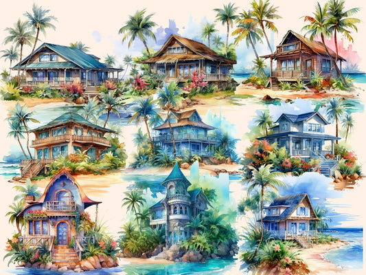 Beach Houses Watercolor Clipart