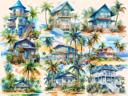 Beach Houses Watercolor Clipart beach clipart - Wonders Artist