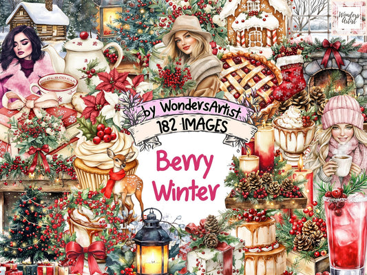 Berry Winter Watercolor Clipart - High - Quality Instant Digital Download for Creative Projects