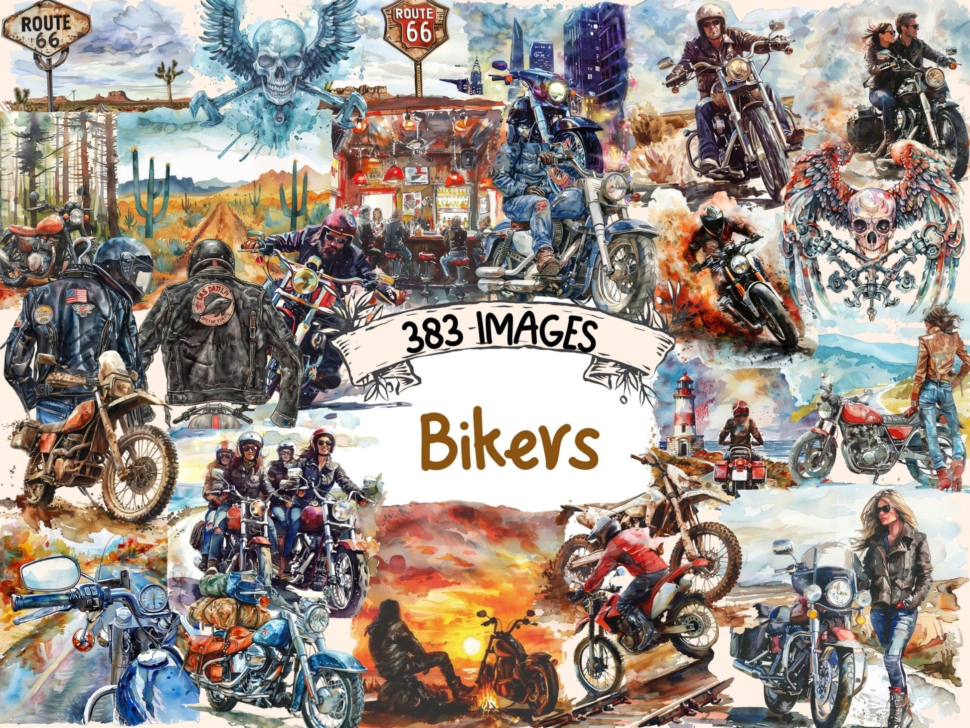 Bikers Watercolor Clipart - High - Quality Instant Digital Download for Creative Projects