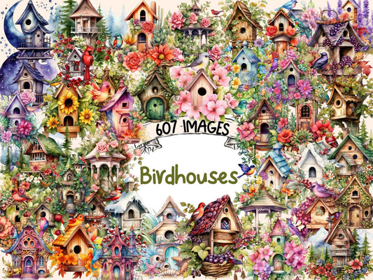 Birdhouses Watercolor Clipart - High - Quality Instant Digital Download for Creative Projects