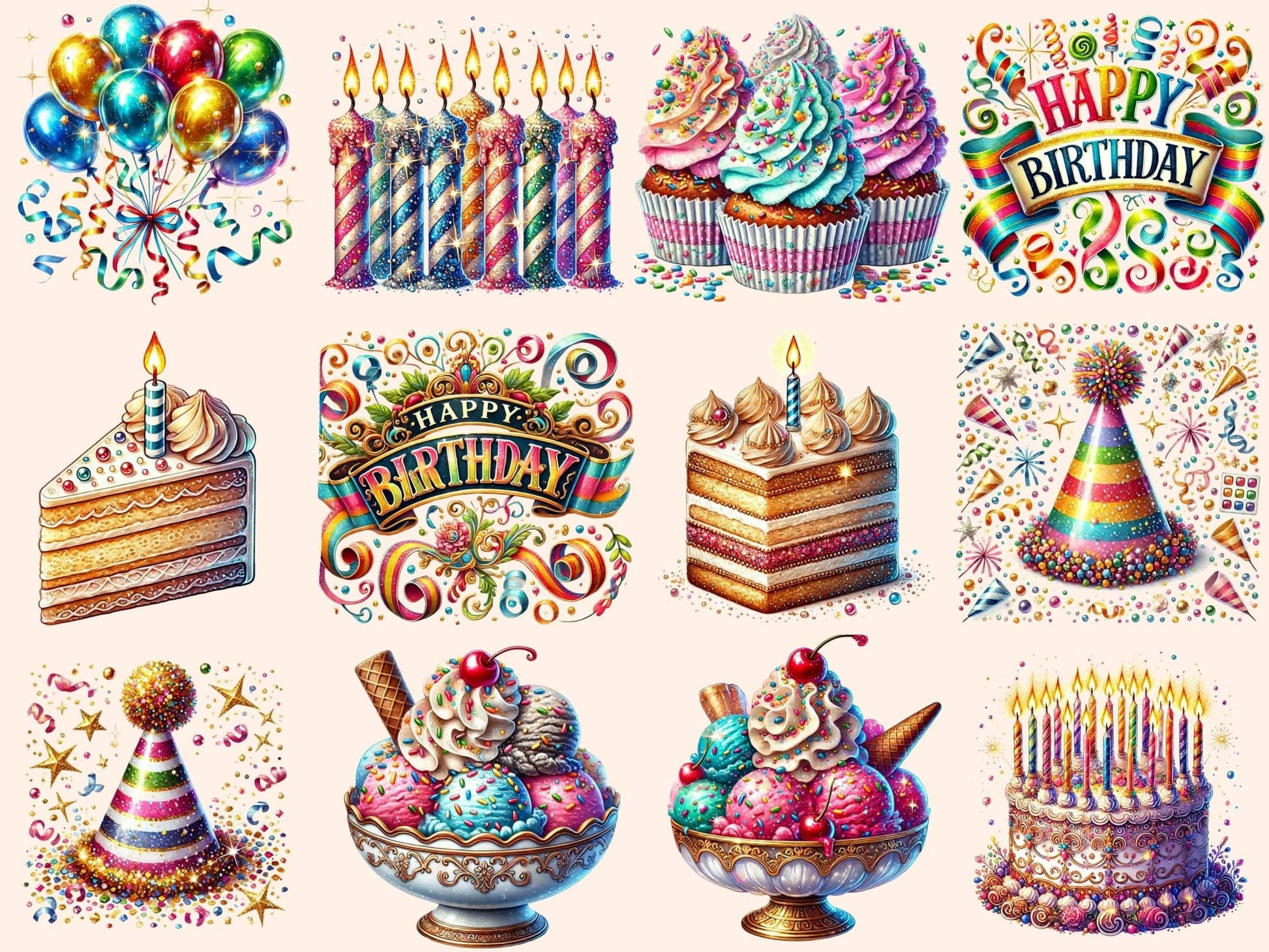 Birthday Motifs Clipart - High - Quality Instant Digital Download for Creative Projects