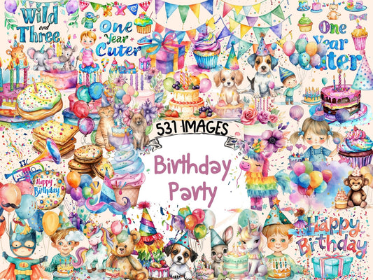 Birthday Party Watercolor Clipart - High - Quality Instant Digital Download for Creative Projects