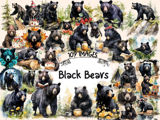 Black Bears Watercolor Clipart - High - Quality Instant Digital Download for Creative Projects