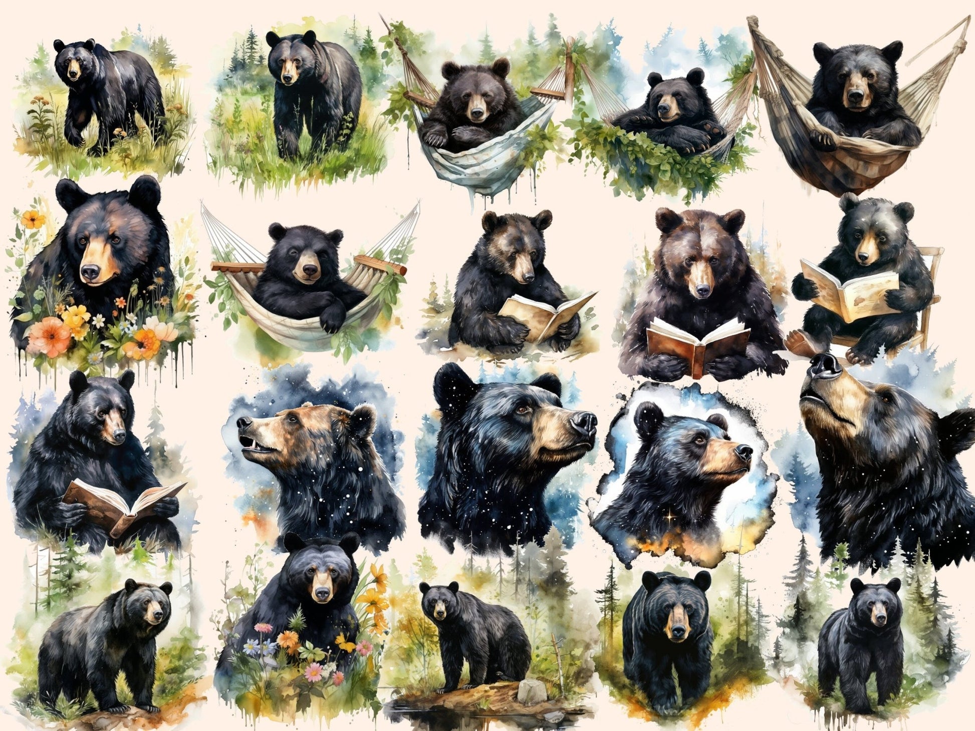 Black Bears Watercolor Clipart - High - Quality Instant Digital Download for Creative Projects