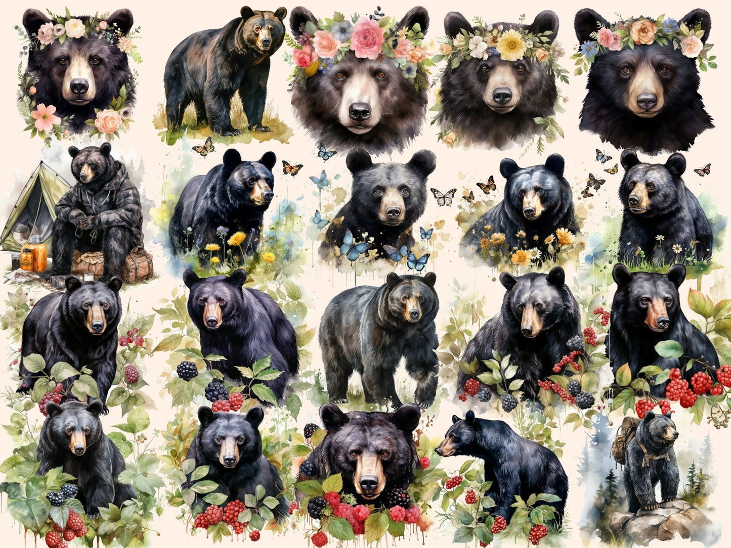 Black Bears Watercolor Clipart - High - Quality Instant Digital Download for Creative Projects