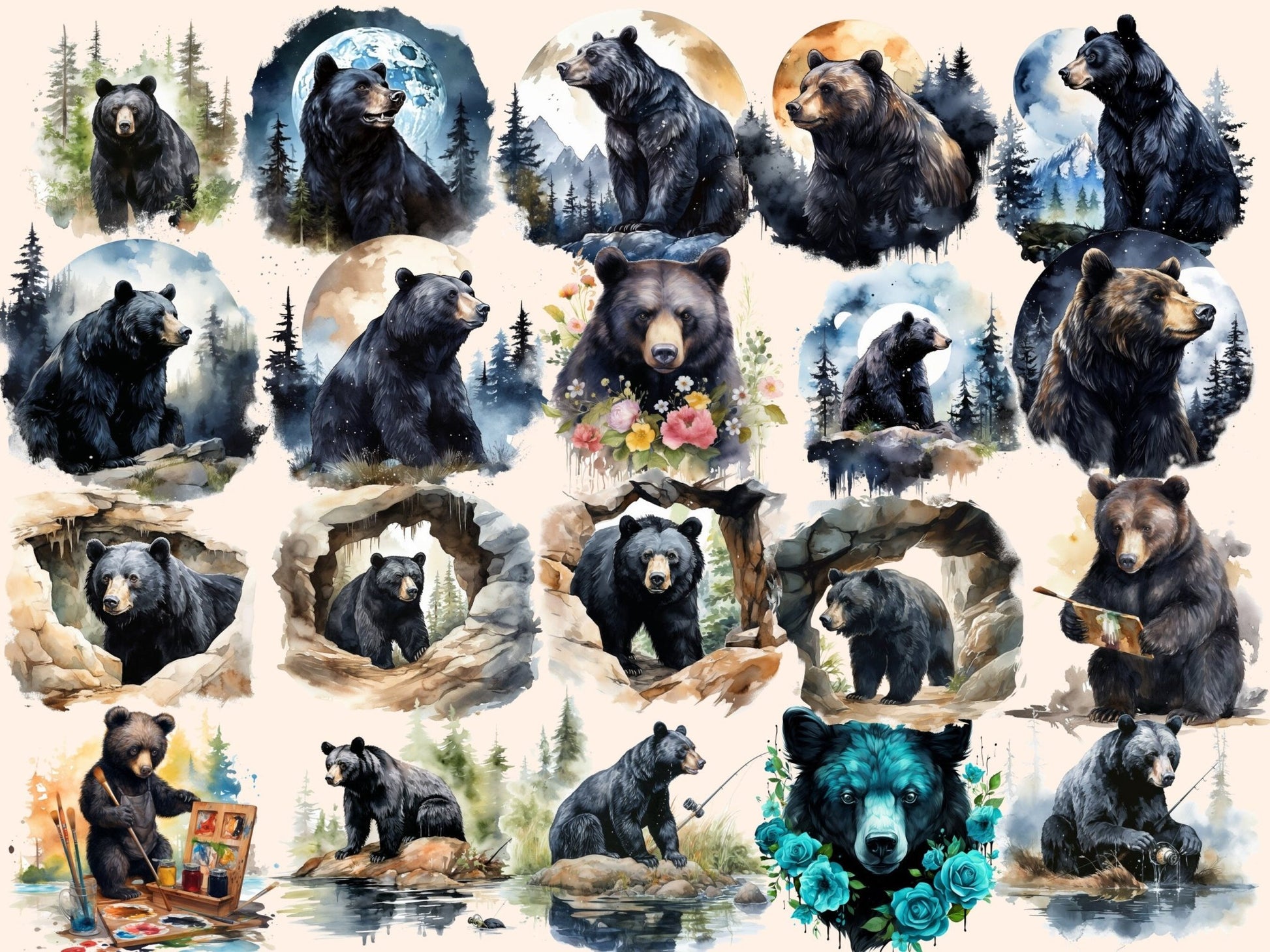 Black Bears Watercolor Clipart - High - Quality Instant Digital Download for Creative Projects