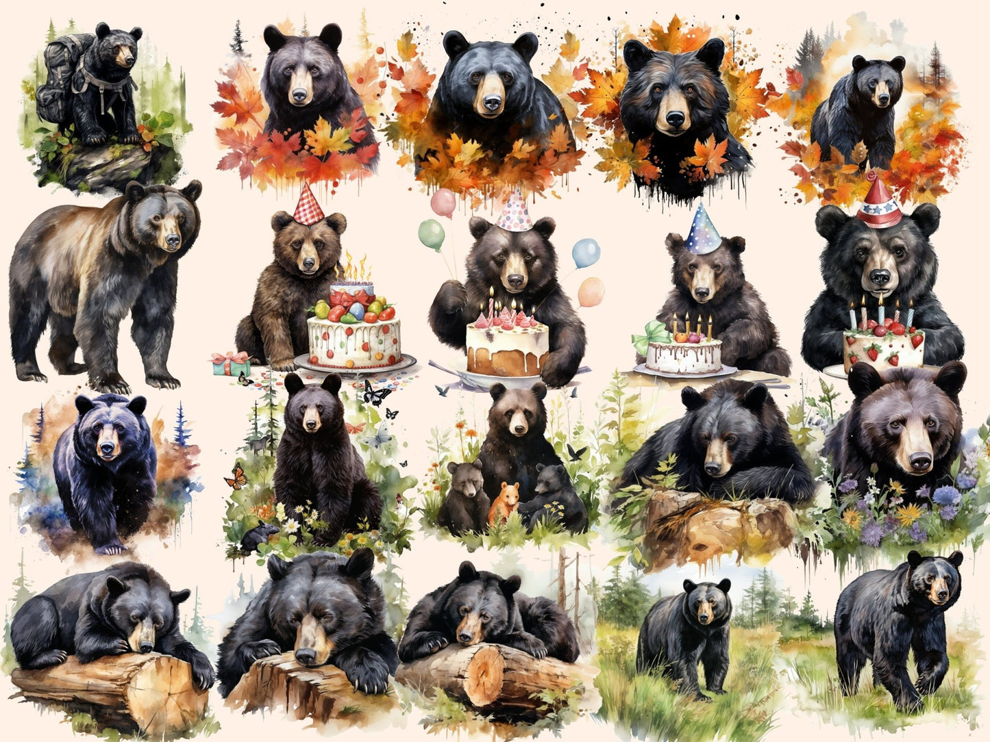 Black Bears Watercolor Clipart - High - Quality Instant Digital Download for Creative Projects