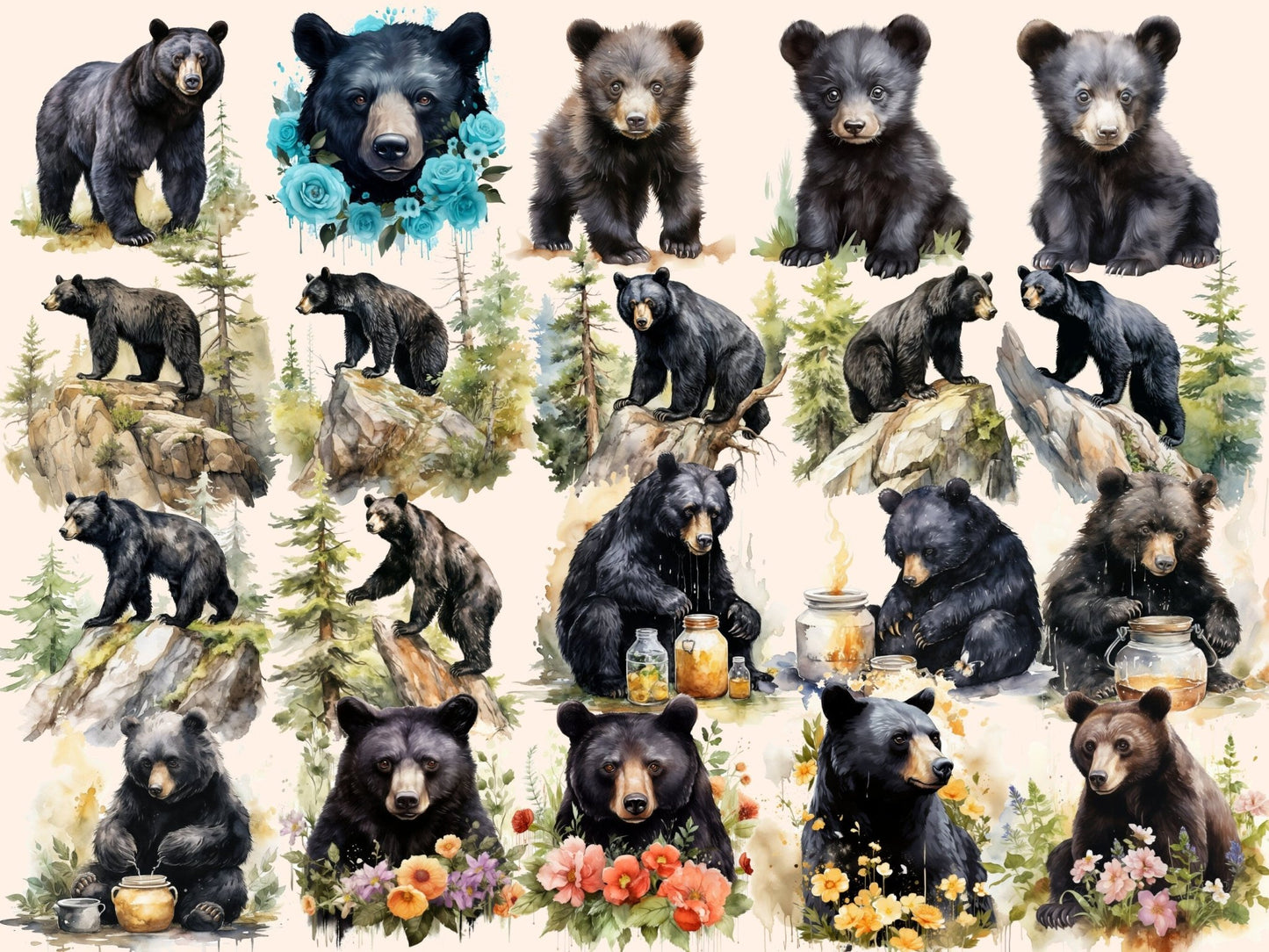 Black Bears Watercolor Clipart - High - Quality Instant Digital Download for Creative Projects