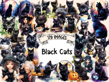 Black Cats Watercolor Clipart black animal clipart - Wonders Artist