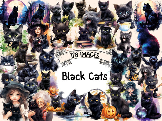 Black Cats Watercolor Clipart - High - Quality Instant Digital Download for Creative Projects