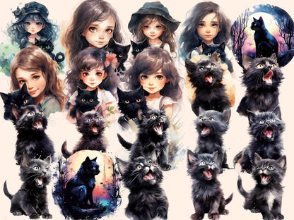 Black Cats Watercolor Clipart black animal clipart - Wonders Artist