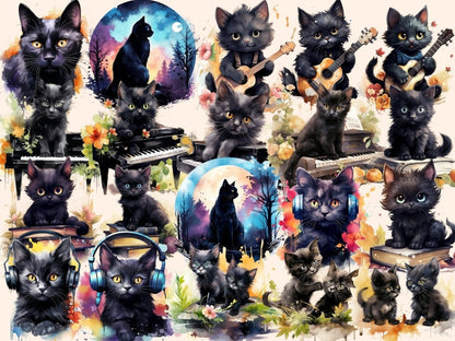 Black Cats Watercolor Clipart black animal clipart - Wonders Artist
