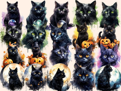 Black Cats Watercolor Clipart black animal clipart - Wonders Artist