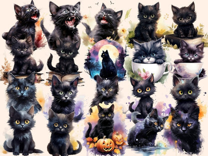 Black Cats Watercolor Clipart black animal clipart - Wonders Artist
