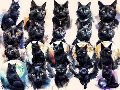 Black Cats Watercolor Clipart black animal clipart - Wonders Artist
