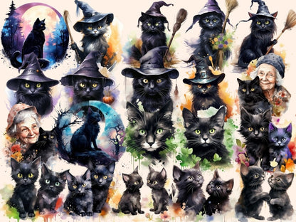 Black Cats Watercolor Clipart black animal clipart - Wonders Artist