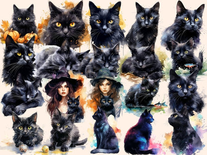 Black Cats Watercolor Clipart black animal clipart - Wonders Artist