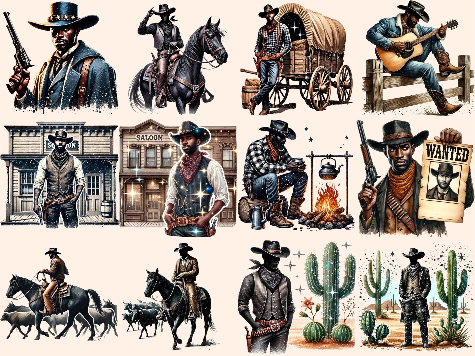 Black Cowboys Clipart - High - Quality Instant Digital Download for Creative Projects