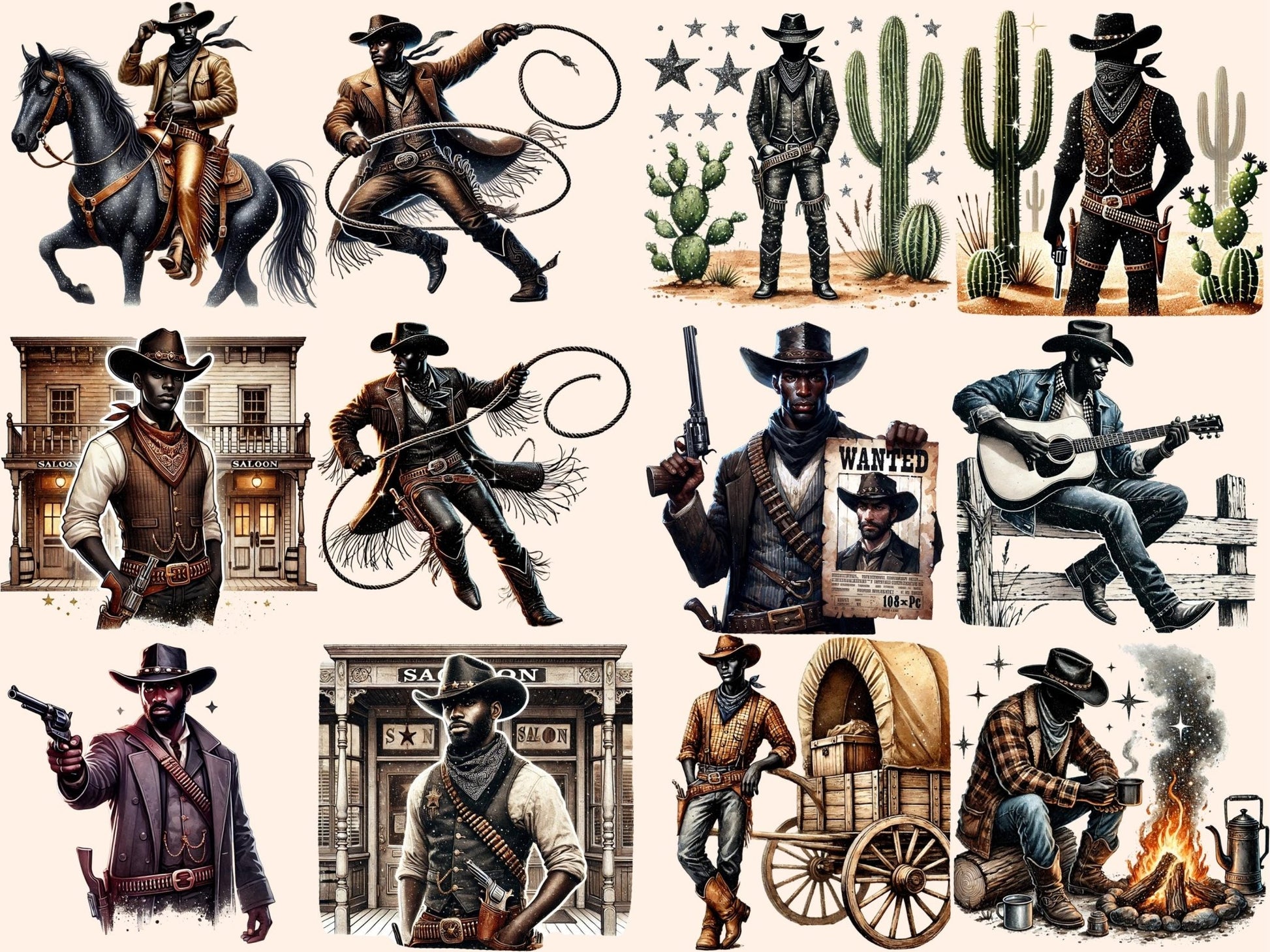 Black Cowboys Clipart - High - Quality Instant Digital Download for Creative Projects