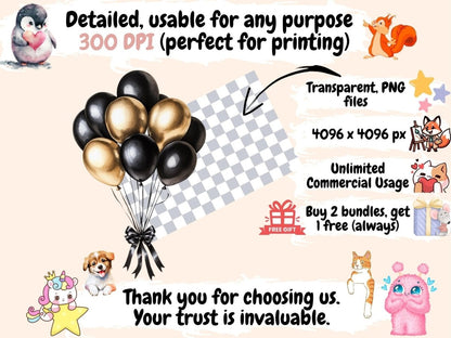 Black & Gold Balloons Watercolor Clipart Balloon Graphics - Wonders Artist