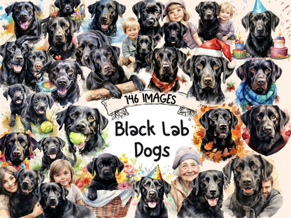 Black Lab Dogs Watercolor Clipart - High - Quality Instant Digital Download for Creative Projects