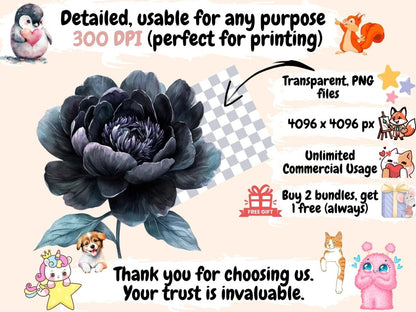Black Peony Watercolor Clipart - Wonders Artist