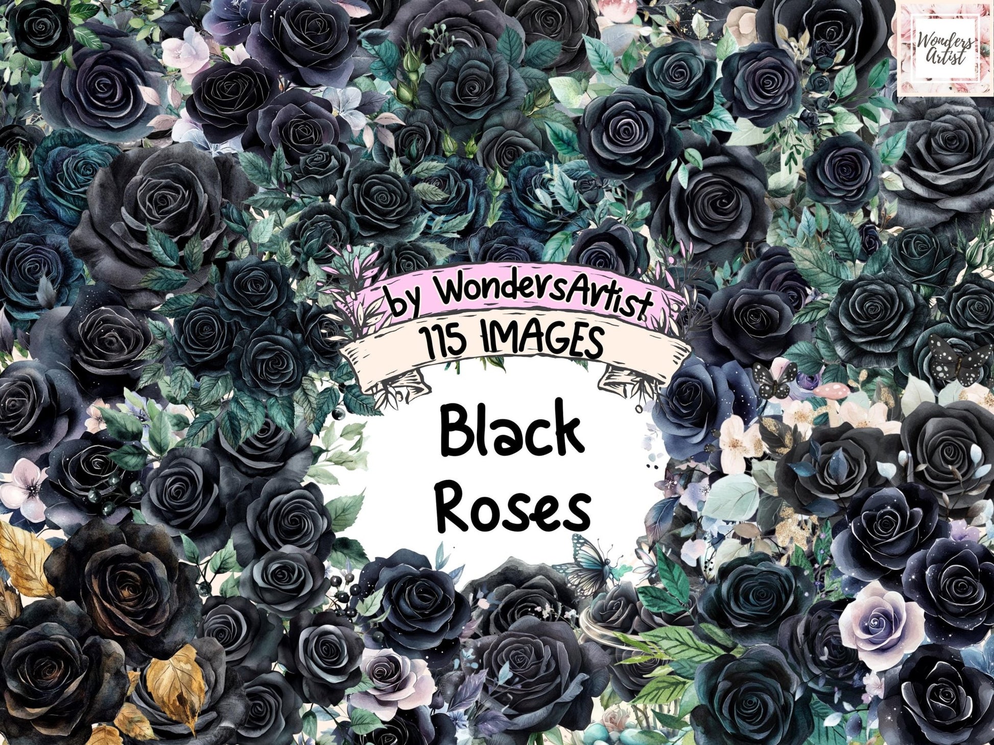 Black Roses Watercolor Clipart Bundle - High - Quality Instant Digital Download for Creative Projects