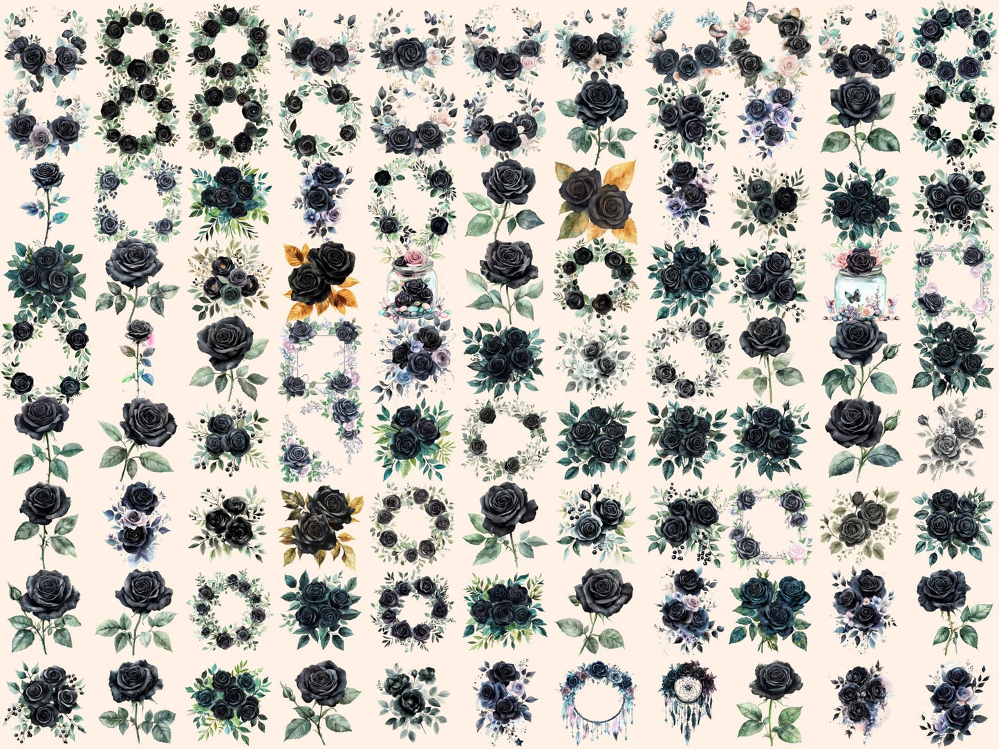 Black Roses Watercolor Clipart Bundle - High - Quality Instant Digital Download for Creative Projects