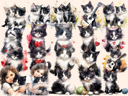 Black & White Cats Watercolor Clipart black and white cat - Wonders Artist