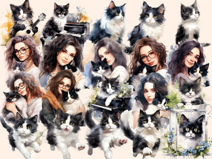 Black & White Cats Watercolor Clipart black and white cat - Wonders Artist