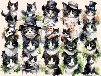 Black & White Cats Watercolor Clipart black and white cat - Wonders Artist