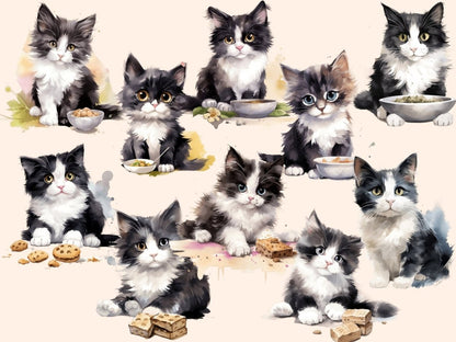 Black & White Cats Watercolor Clipart black and white cat - Wonders Artist