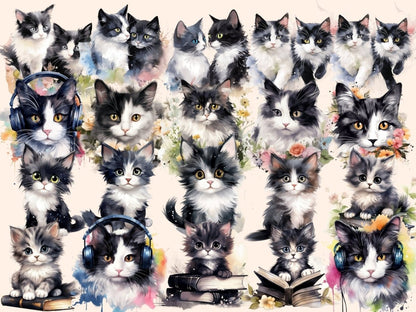 Black & White Cats Watercolor Clipart black and white cat - Wonders Artist